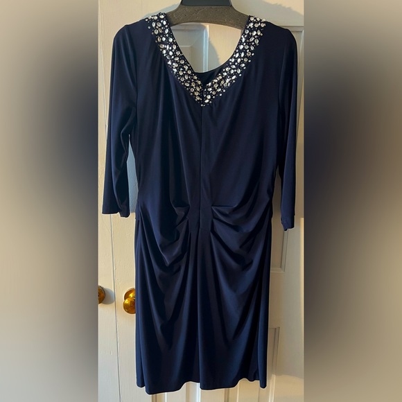 NWOT ALEX EVENING NAVY BLUE Ruched Sheath Dress with 3/4 Sleeves. Size 16. - Picture 4 of 8